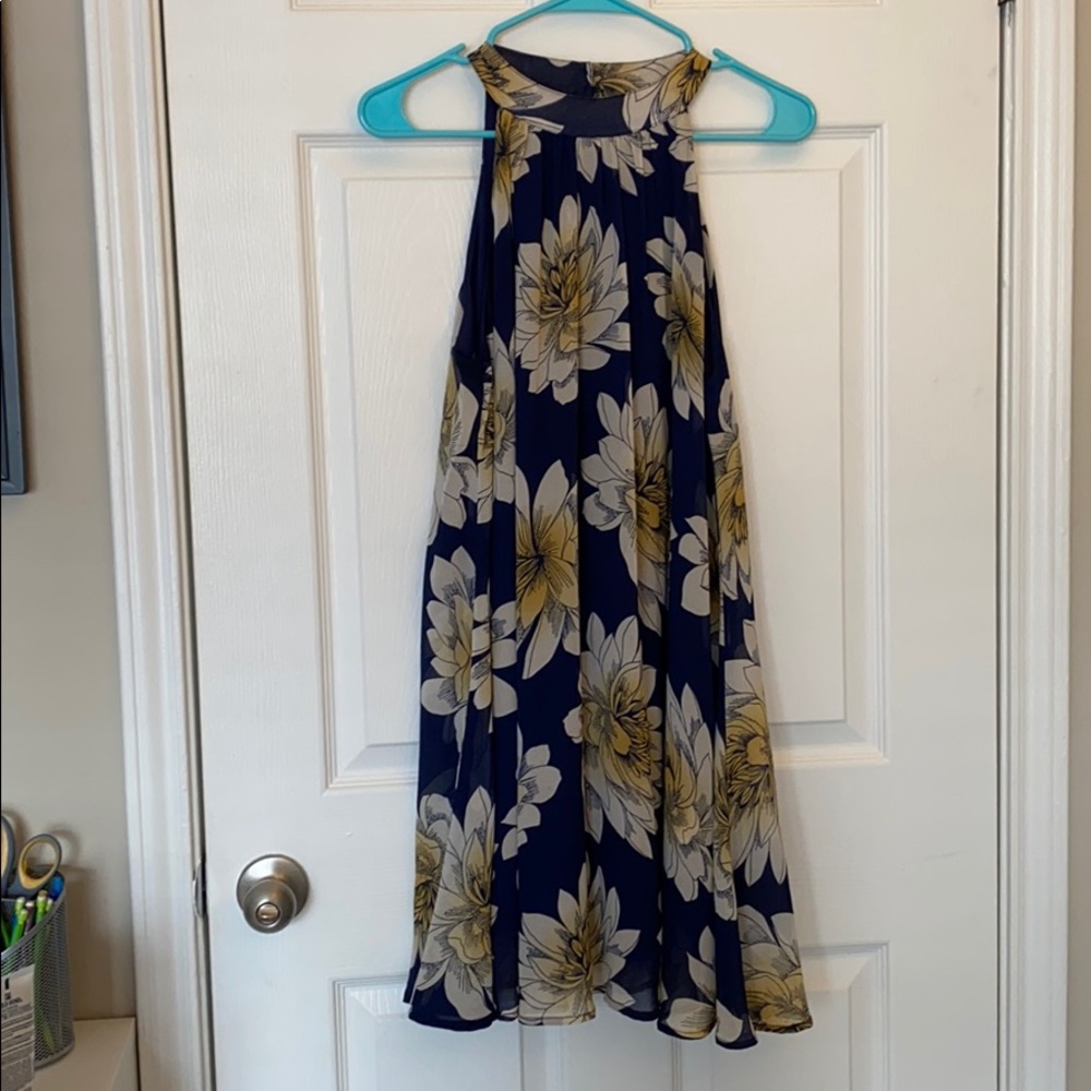 Francesca’s Navy and Yellow Floral High-Neck Dress